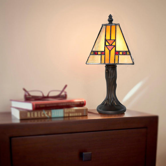 River of Goods 11 in. Amber Desk Lamp with Mission Style Stained Glass Shade 14909