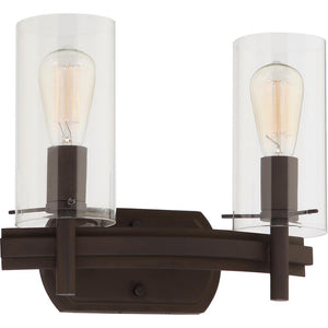 Volume Lighting Regina 2-Light 8 in. Antique Bronze Indoor Bathroom Vanity Wall Sconce or Wall Mount with Clear Glass Cylinder Shades 2022-79