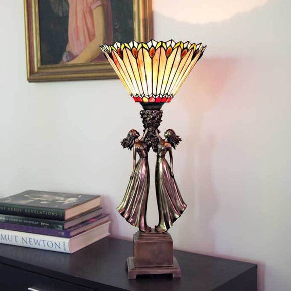 RIVER OF GOODS 27 in. Amber Table Lamp Torchiere with Stained Glass Art Deco Shade and Figural Base 14766