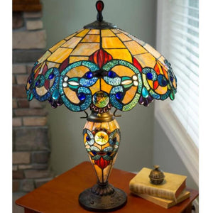 River of Goods 26 in. Amber Indoor Table Lamp with Stained Glass Victorian Style Shade and Lit Base 9901