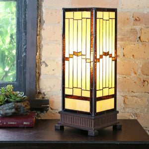 River of Goods 17 in. Amber Hurricane Lamp with Stained Glass Shade 15052 HOME DECORATORS OUTLET HomeDecorAndTools.com