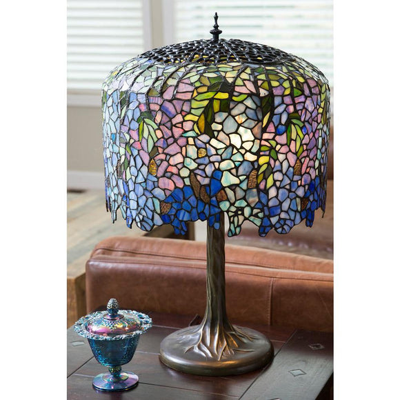River of Goods 11410 30 in. Multi-Colored Table Lamp with Stained Glass Tiffany Inspired Grand Wisteria Shade and Tree Trunk Base - HomeDecorAndTools.com