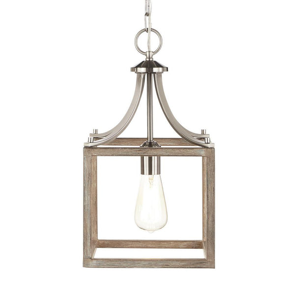 Home Decorators Collection Boswell Quarter 9.44 in. 1-Light Brushed Nickel Mini Pendant with Painted Weathered Gray Wood Accents Model # 7947HDCDI
