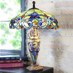 26 in. Blue Indoor Table Lamp with Stained Glass Victorian Style Shade and Lit Base River of Goods 11047 Home Decorators Outlet www.HomeDecorAndTools.com