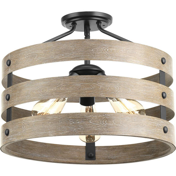 Gulliver 17 in 3-Light Graphite Hallway Semi-Flush Mount with Weathered Gray Wood Accents Progress Lighting P350049-143 Home Decorators Outlet HomeDecorAndTools.com