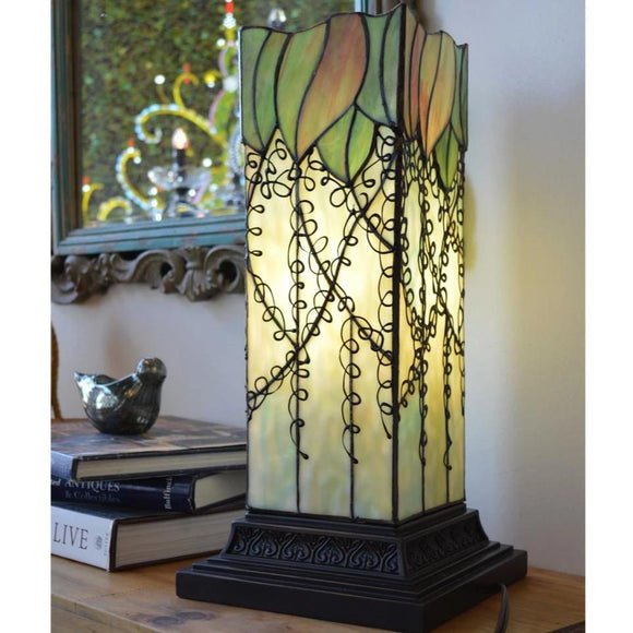 17 in. Green Table Lamp with Stained Glass Lavish Vine Hurricane Shade River of Goods 14697 Home Decorators Outlet HomeDecorAndTools.com