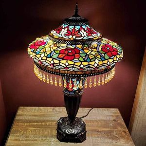 River of Goods Grandiose Glamour Red Roses Tiffany Stained Glass Table Lamp with Lit Base 11688