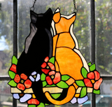 River of Goods Multi Stained Glass Cats in the Garden Window Panel 14924