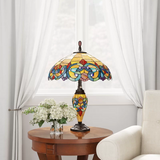 26 in. Amber Indoor Table Lamp with Stained Glass Victorian Style Shade and Lit Base River of Goods 9901